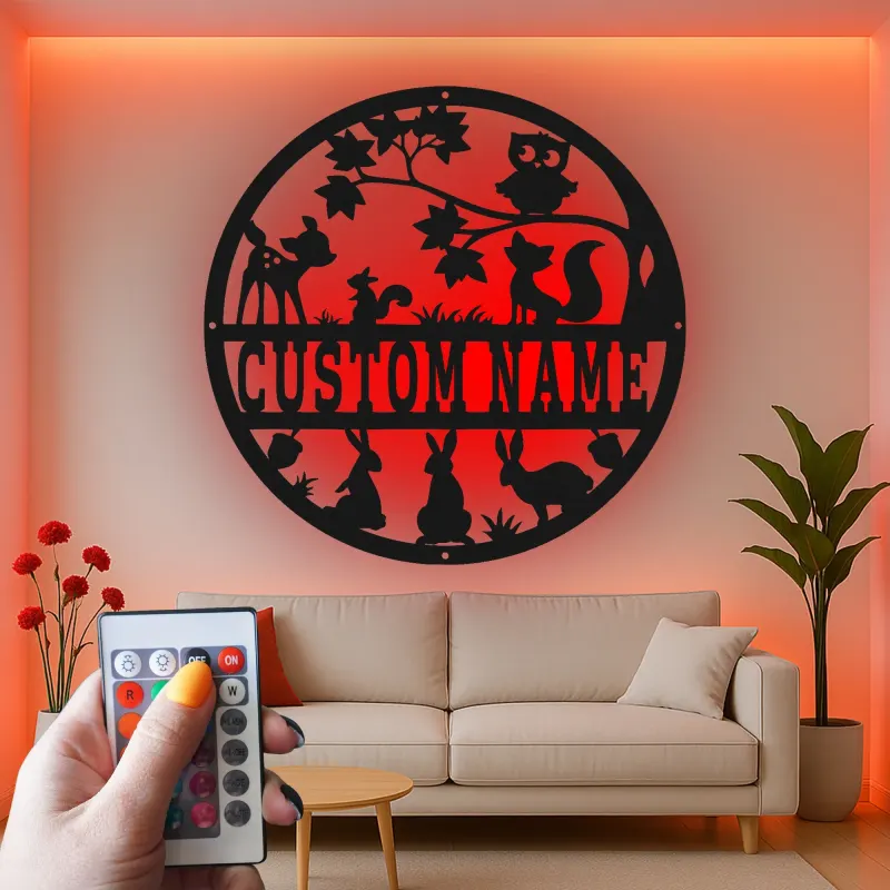 Décoration murale en métal personnalisée avec animaux des bois en rétroéclairage - Cadeau de nursery pour enfants