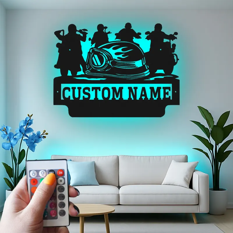 Panneau en métal de moto personnalisé avec LED | Art mural de nom de biker sur mesure | Décoration de cave à vin et garage | Cadeau pour pilotes