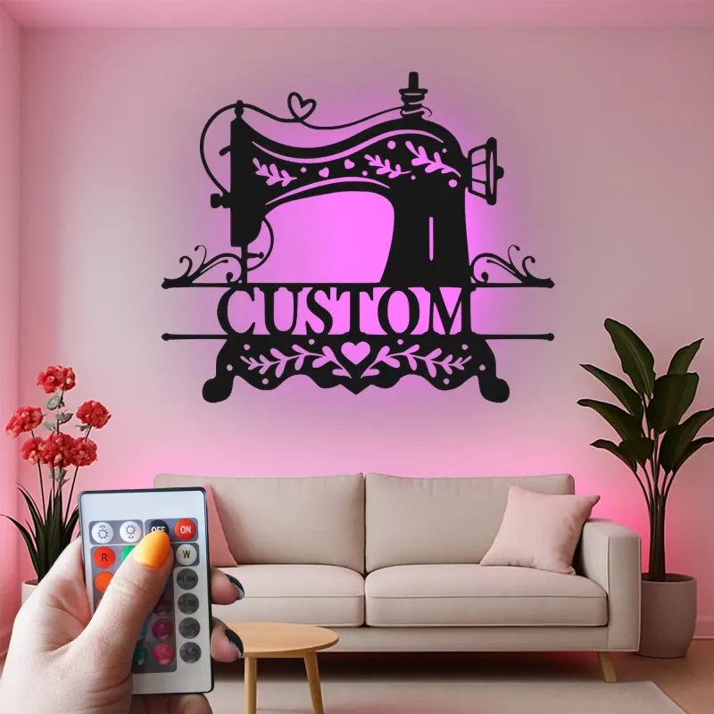 Individuelles Nähmaschinen-Schild | LED Metall-Wandkunst | Personalisierte Bastelzimmer-Dekoration für Schneiderinnen | Vintage Stil Namensschild