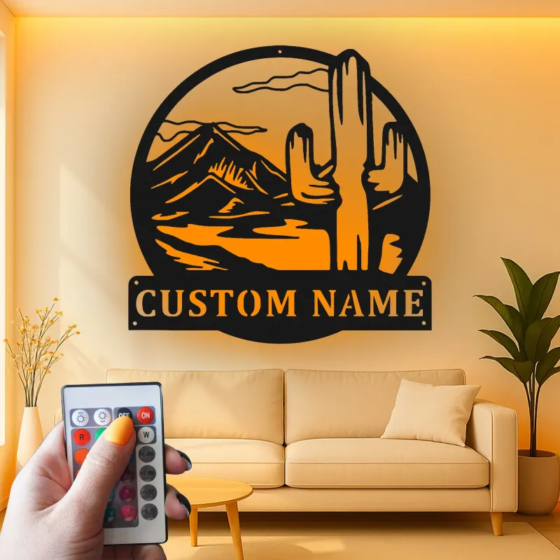 Décoration murale en métal personnalisée Cactus du désert avec rétroéclairage LED Cadeau du Sud-Ouest pour le salon ou la terrasse 2
