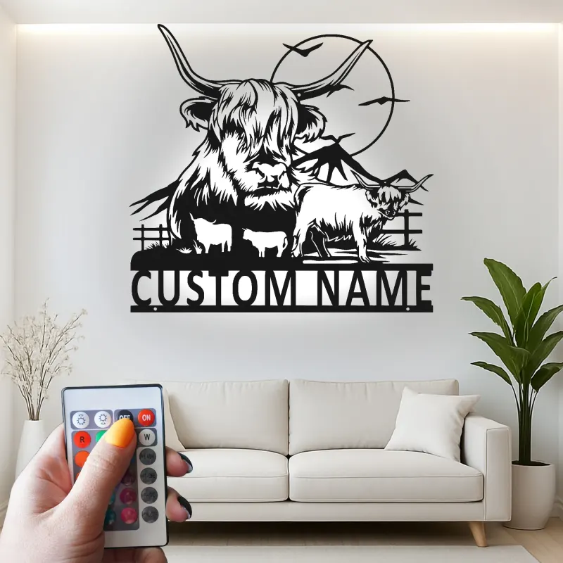 Highland Cow Metal Wall Art | Custom LED Sign for Farmhouse Decor | Personalized Ranch Home Gift for Cow Lovers
