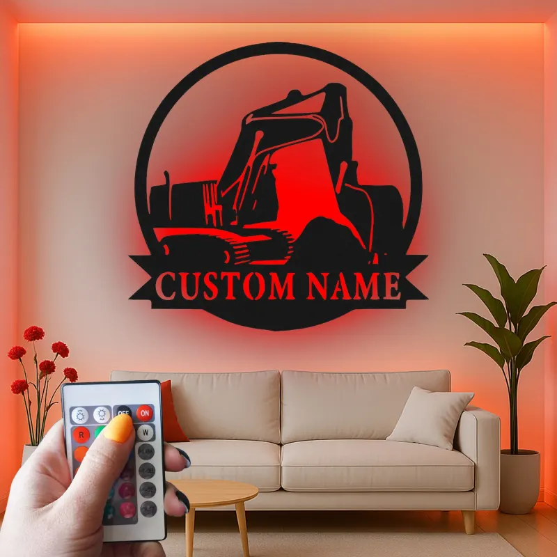 Décoration murale en métal personnalisée avec rétroéclairage pour excavateur - Cadeau de construction pour lui - Décor de garage ou d'atelier 1