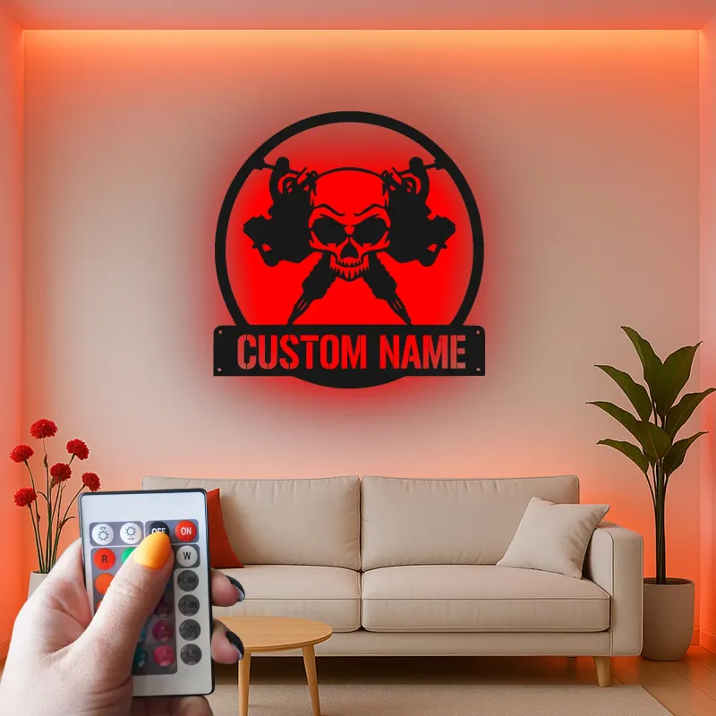 Personalisierte Skull LED-Leuchtschilder | Individuelles Metallschild für Tattoo-Studios | Edles Dekor für Tattoo-Studios und Künstlergeschenke