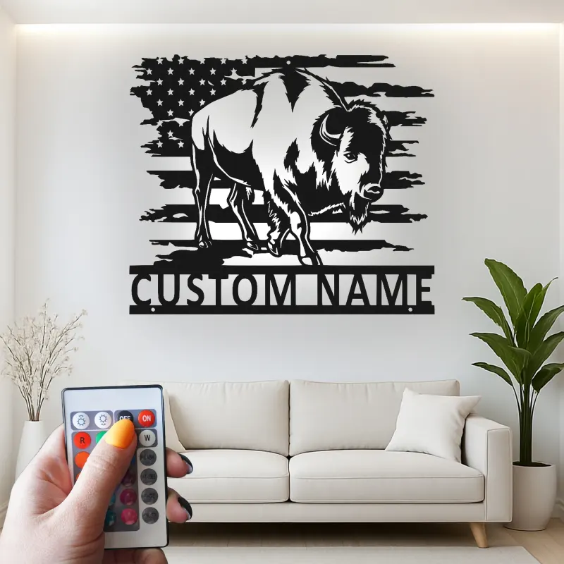 Custom Bison American Flag Led Light Metal Wall Art Personalized Patriotic Gift Rustic Home Decor