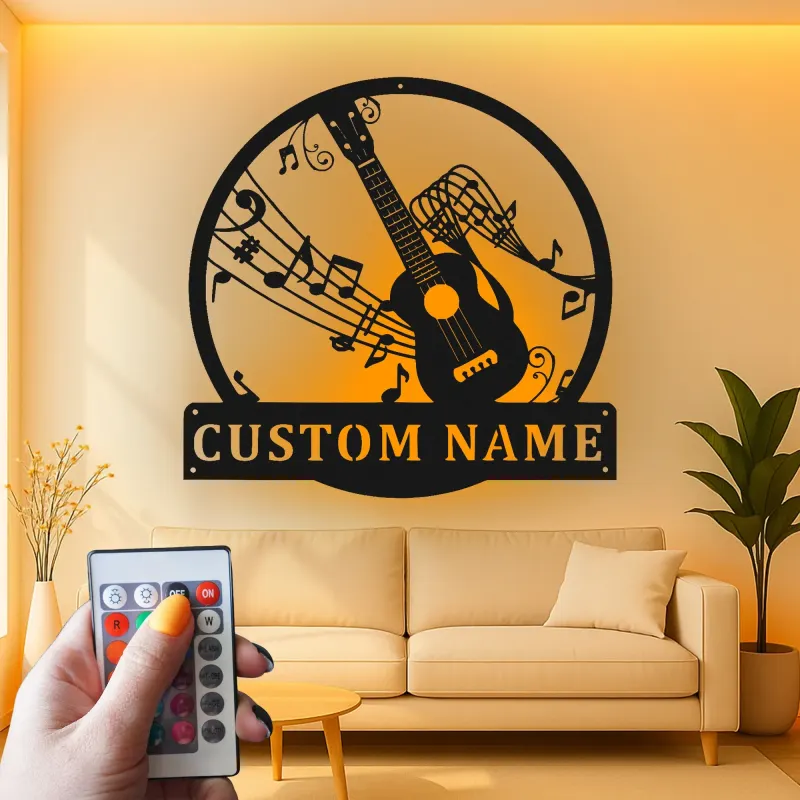 Décoration murale en métal LED guitare personnalisée | Enseigne musicien avec nom | Déco de salle de musique et studio