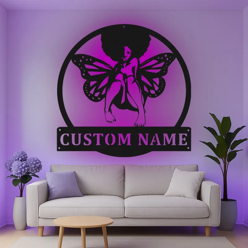 Cartel de metal personalizado con luz LED de hada mariposa, regalo personalizado para su habitación o decoración de guardería