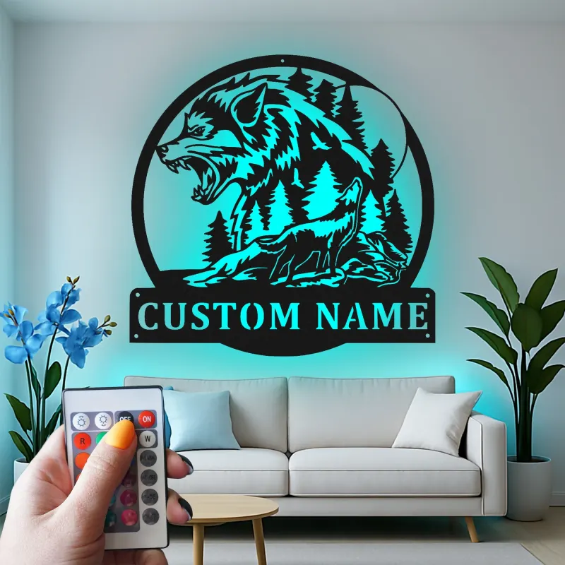 Décoration murale en métal personnalisée avec lumière LED de loup et forêt