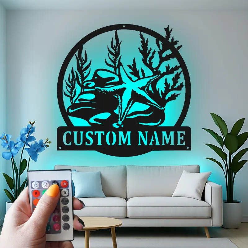Custom Starfish Metal Sign | LED Nautical Wall Art | Personalized Beach House Decor | Coastal Ocean Scene Light