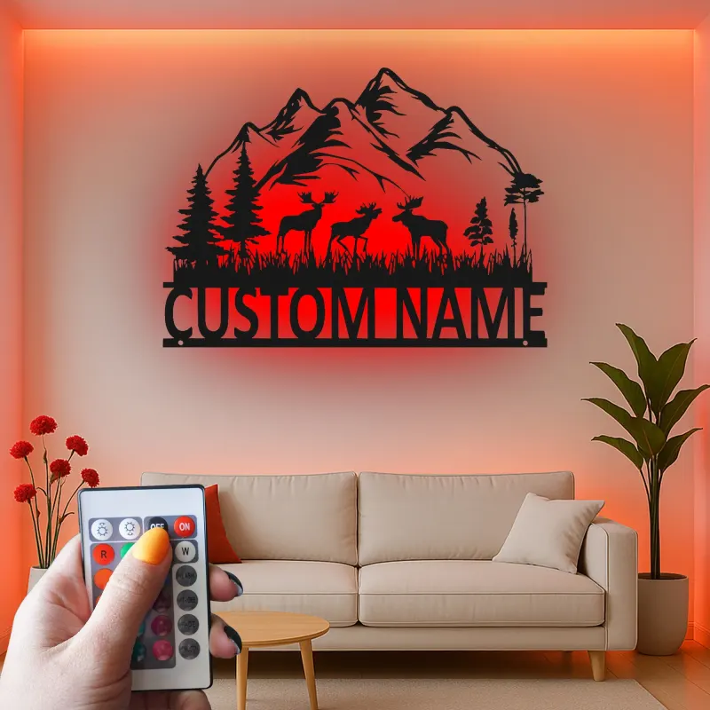 Custom Moose Mountain Metal Sign | LED Rustic Wildlife Wall Art | Personalized Cabin Decor Gift for Nature Lovers