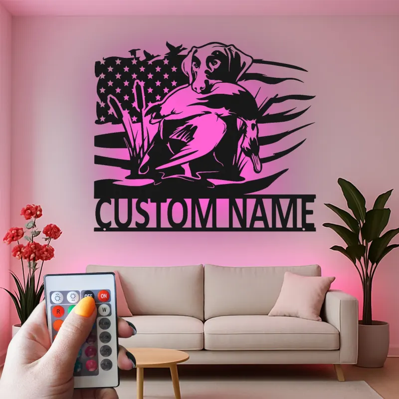 Personalized Labrador Hunting Sign | LED Metal Wall Art for Hunters | Custom Duck Hunting Decor with American Flag | Gift for Cabin