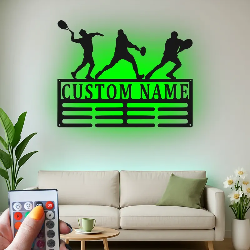 Insegna in metallo personalizzata per giocatore di tennis | Arte murale LED con nome personalizzato | Decorazione per stanza sportiva per atleta, allenatore