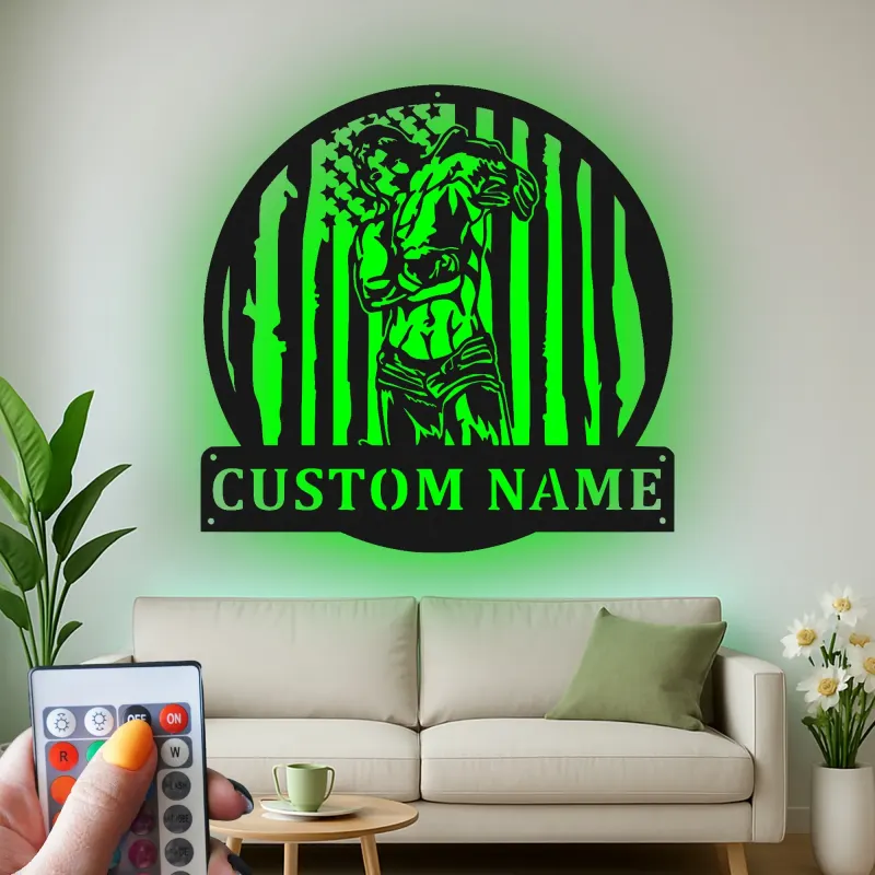 Cartel de metal personalizado con luz LED de culturista y bandera americana, regalo de fitness para entusiastas del gimnasio, decoración de gimnasio en casa