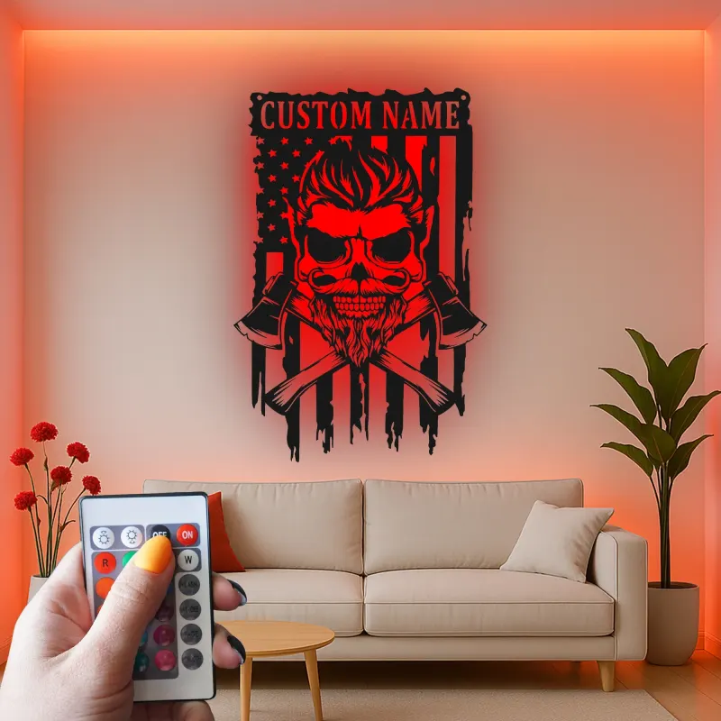 Insegna Personalizzata per Vigile del Fuoco | Arte in Metallo Teschio LED con Bandiera Americana | Regalo con Nome Personalizzato per Vigile del Fuoco | Decorazione Parete Man Cave e Garage
