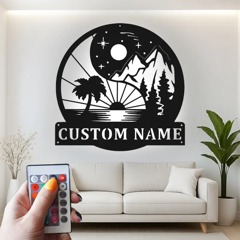 Personalized Yin Yang Metal Sign | LED Mountain Beach Art | Custom Name Decor for Home & Business