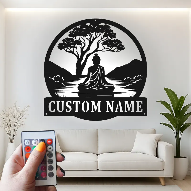 Cartel de metal personalizado de Buda meditando con luz LED regalo zen para entusiastas del yoga decoración tranquila del hogar