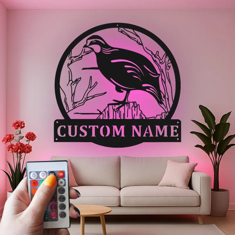Cartel de metal LED personalizado de codorniz, regalo personalizado para amantes de la naturaleza, decoración de cabaña rústica