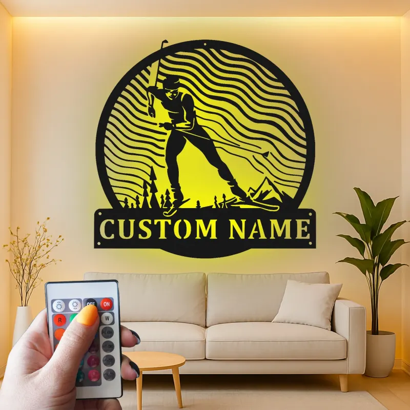 Cartel de metal LED esquiador personalizado regalo de esquí para entusiastas de deportes de invierno decoración de cabaña o refugio