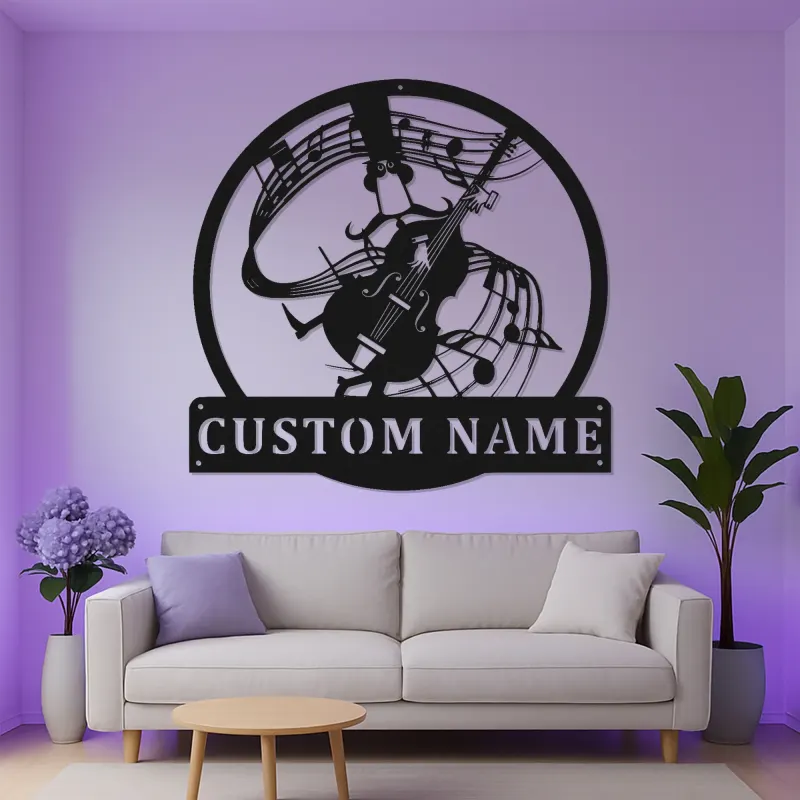 Decorazione LED personalizzata in metallo per contrabbasso | Insegna con silhouette di musicista | Arredo e regalo su misura per studio musicale