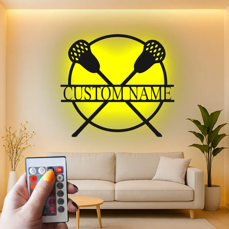 Custom Lacrosse Sticks Led Light Metal Wall Art Personalized Gift for Lacrosse Players Game Room Sports Decor