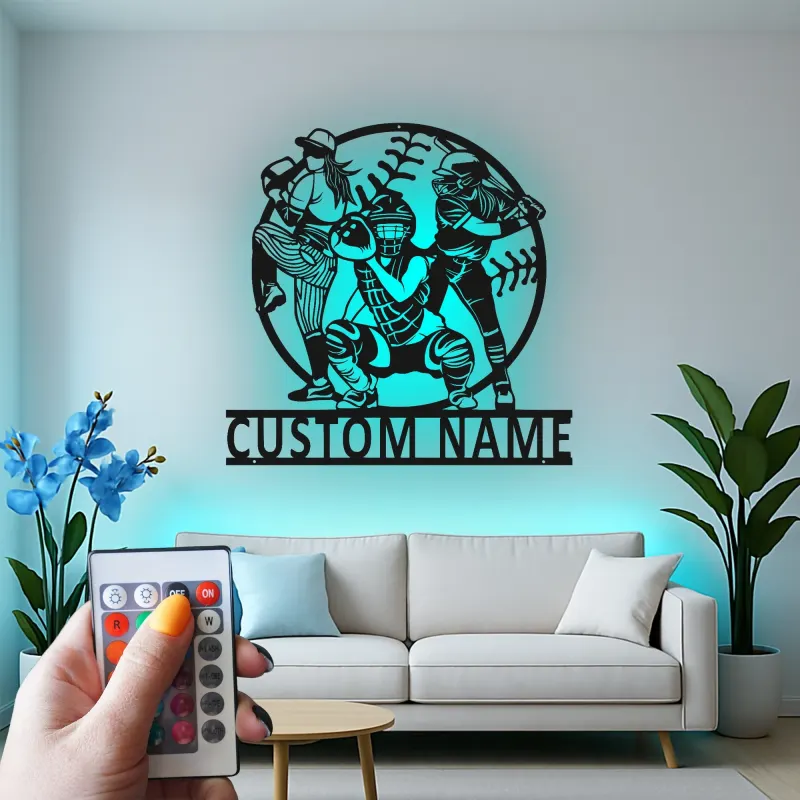 Insegna con Nome Personalizzato per Softball | Arte in Metallo LED | Regalo per Giocatore Personalizzato | Decorazione per Stanza Sportiva