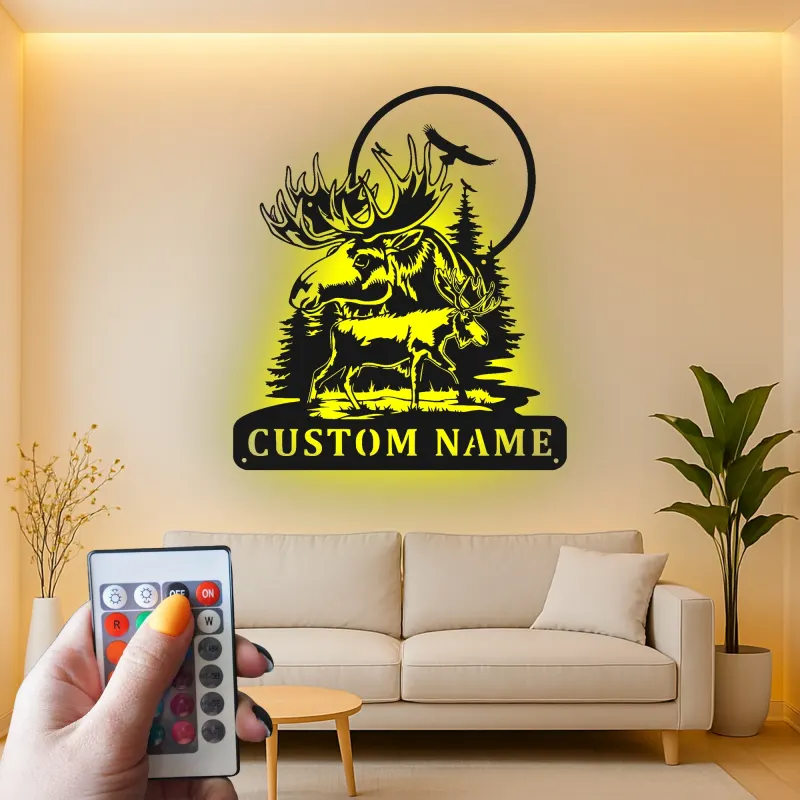 Panneau en métal personnalisé avec élan et aigle | Art mural rétroéclairé pour décoration de cabane rustique | Cadeau personnalisé pour amoureux de la nature