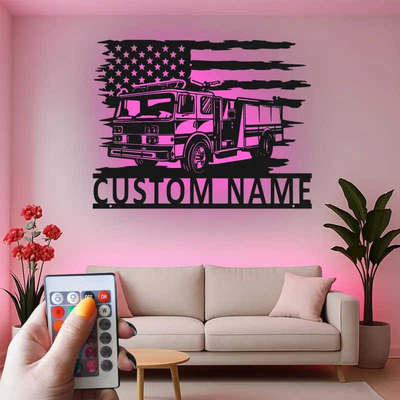 Insegna in Metallo Personalizzata per Vigile del Fuoco | Arte da Parete con LED per Camion dei Pompieri | Regalo per Vigile del Fuoco | Decorazione per Stazione dei Vigili del Fuoco