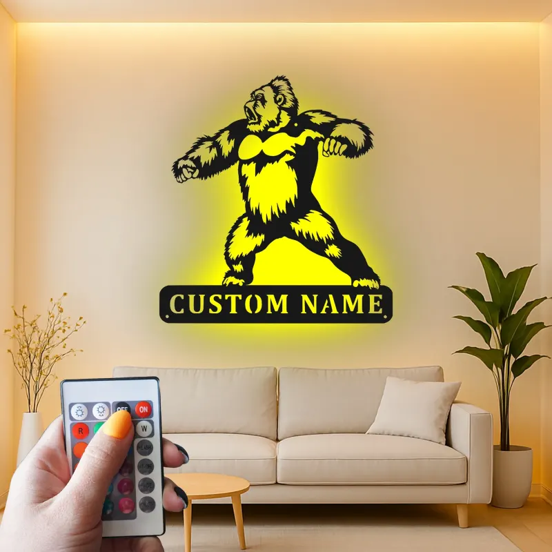 Arte murale in metallo LED con gorilla | Insegna personalizzata con nome per man cave | Arredo personalizzato con fauna selvatica | Silhouette animale retroilluminata