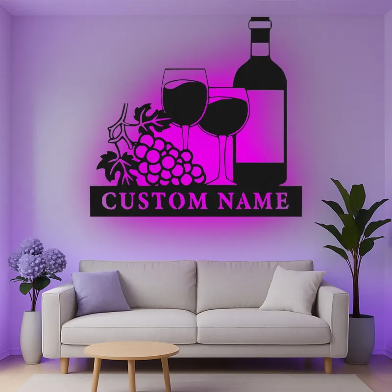 Cartel de metal LED de botella de vino y copas personalizado regalo para amantes del vino decoración de cocina o bar