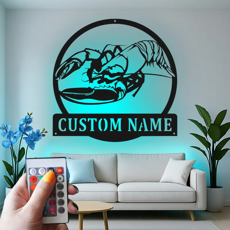 Insegna in metallo LED personalizzata con aragosta | Decorazione per cucina costiera personalizzata | Arte murale per casa al mare e regalo per pescatori