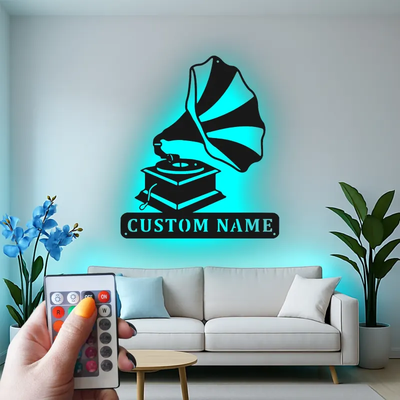 Arte Murale in Metallo LED con Gramofono | Regalo Personalizzato per Amante della Musica | Insegna con Nome Personalizzato per Decorazione Retro di Casa e Studio