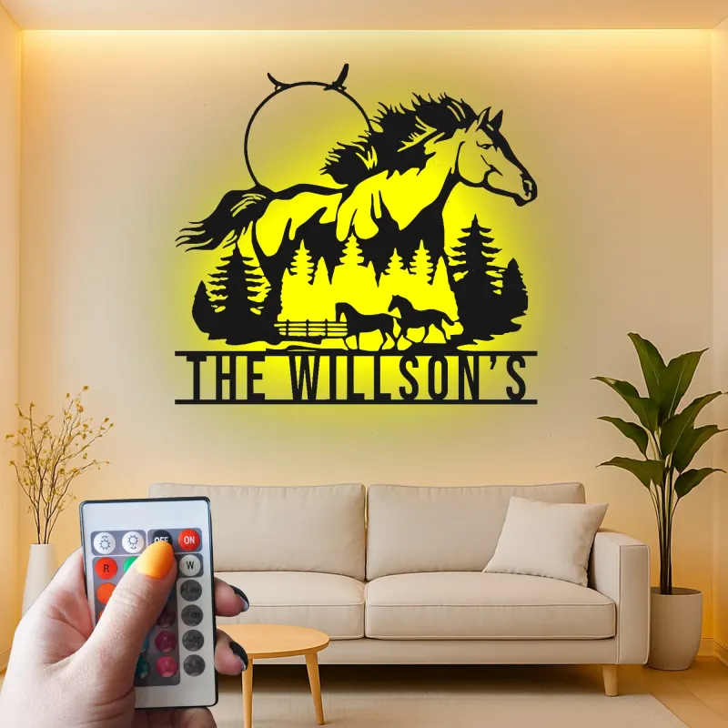 Cartel personalizado para rancho con caballo | Decoración mural LED de metal para estilo ecuestre | Luz de bienvenida farmhouse personalizada