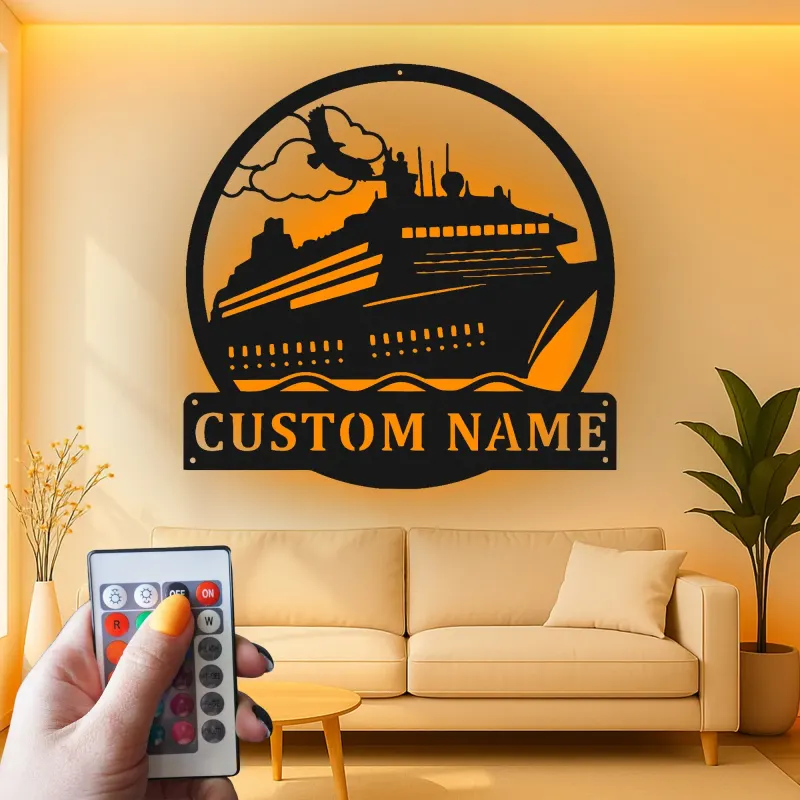 Décoration murale en métal personnalisée avec éclairage LED de bateau de croisière - Cadeau pour les amoureux de croisières - Décor nautique pour le salon