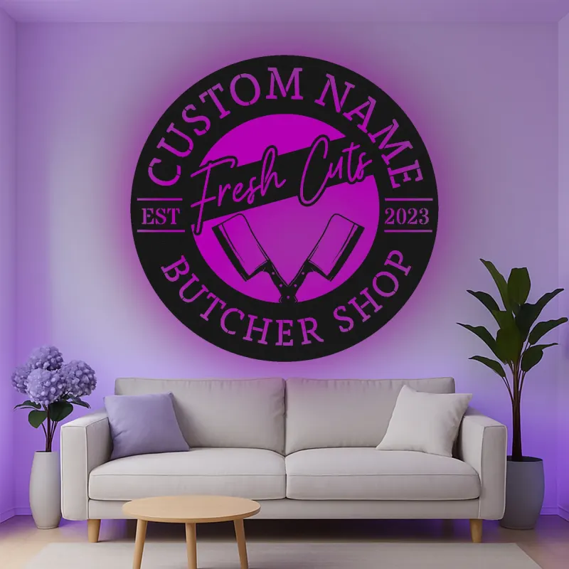 Décoration murale en métal personnalisée avec lumière LED pour boucherie