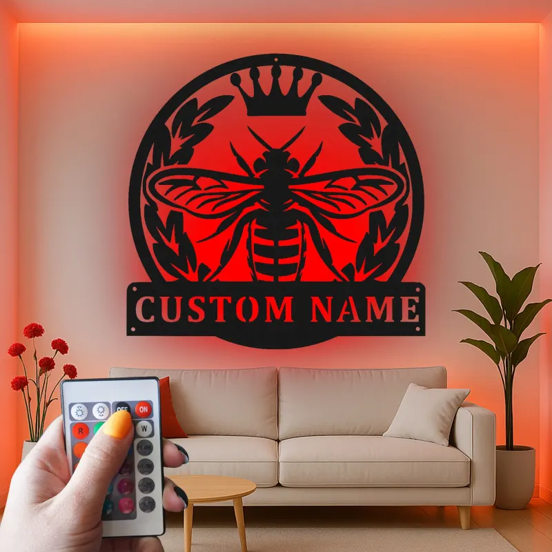 Custom Bee with Crown Led Light Metal Wall Art Personalized Gift for Nature Lovers Living Room or Garden Decor