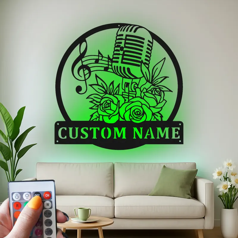 Panneau Métallique Microphone Personnalisé | Décoration Murale Art Déco Rétro | Cadeau Musicien Personnalisé | Décor de Studio de Musique Rétro