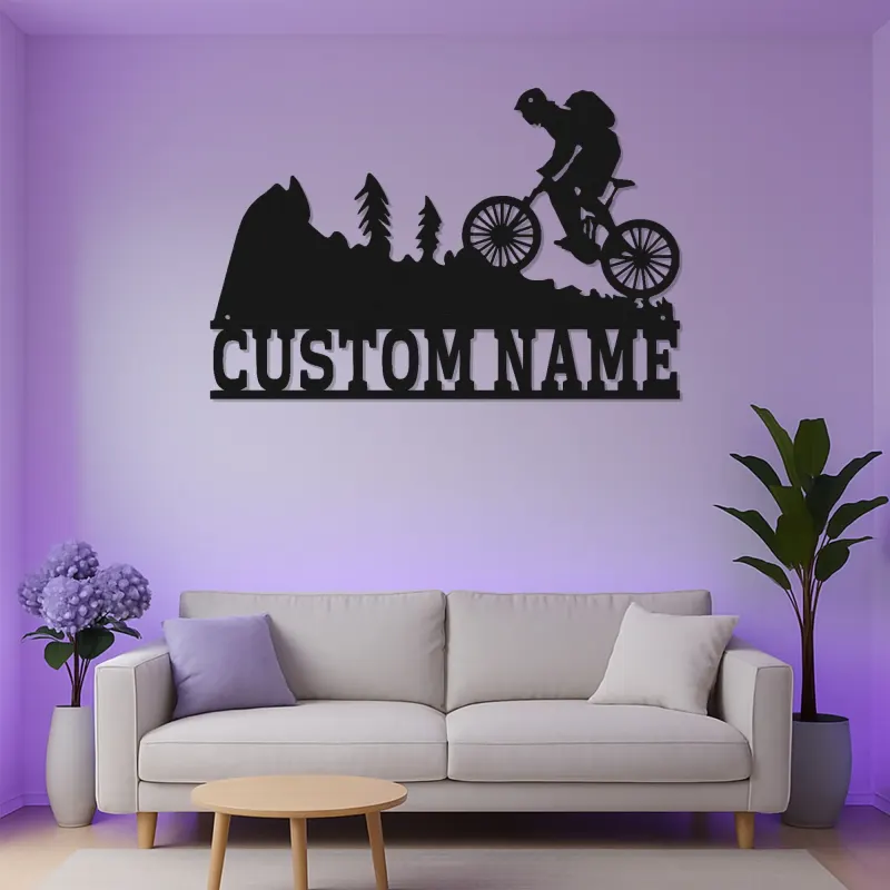 Custom Mountain Biker Metal Sign | Personalized LED Wall Art for Cyclist | Biking Decor Gift for Outdoor Enthusiast