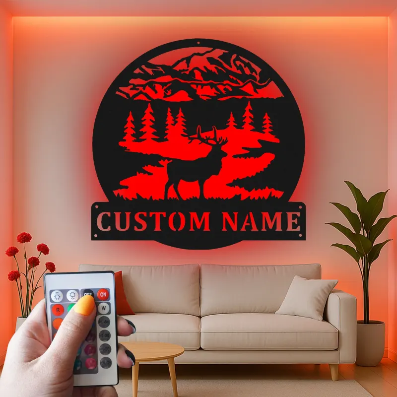 Insegna in metallo personalizzata con luce LED a forma di cervo - Regalo per amanti della natura per cabine o lodge
