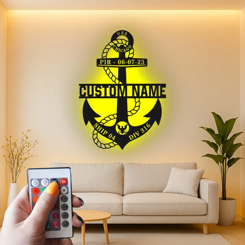 Custom Anchor LED Sign | Personalized Navy Family Gift | Metal Maritime Wall Art for Coastal Home Decor