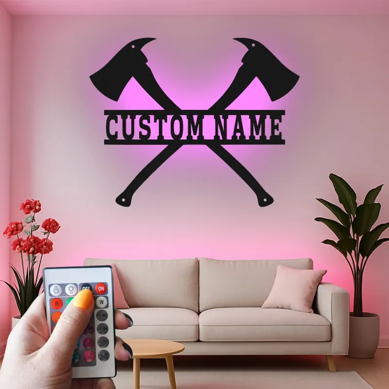 Custom Firefighter Axes LED Sign | Personalized Metal Name Art | Fire Station & Man Cave Decor | Fireman Gift