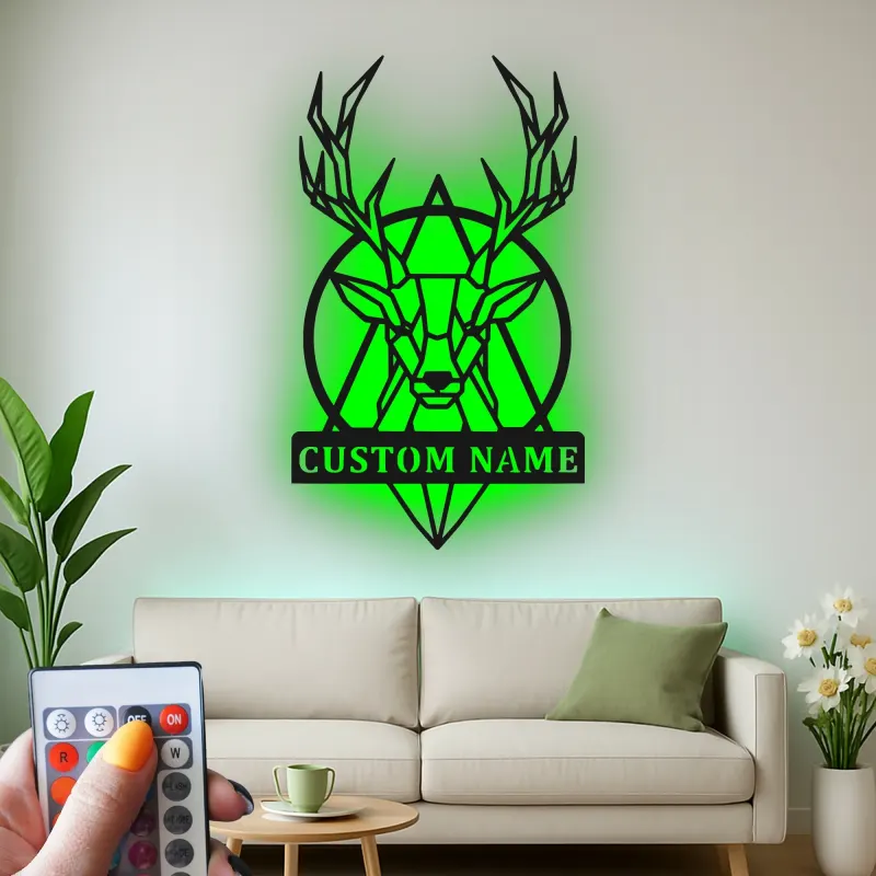 Cartel de metal LED personalizado de ciervo geométrico, regalo personalizado para amantes de la naturaleza, decoración rústica para salón