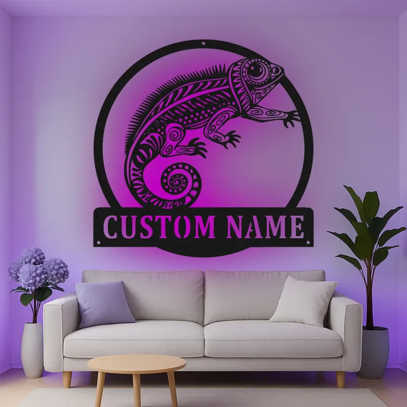 Cartel de metal personalizado con luz LED de camaleón, regalo personalizado para amantes de reptiles, decoración para salón u oficina