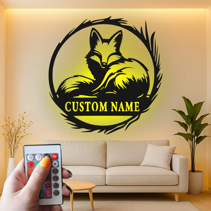 Enseigne renard LED en métal sur mesure | Décoration murale faune personnalisée | Décor rustique avec prénom pour chalet ou maison | Cadeau pour amoureux de la nature