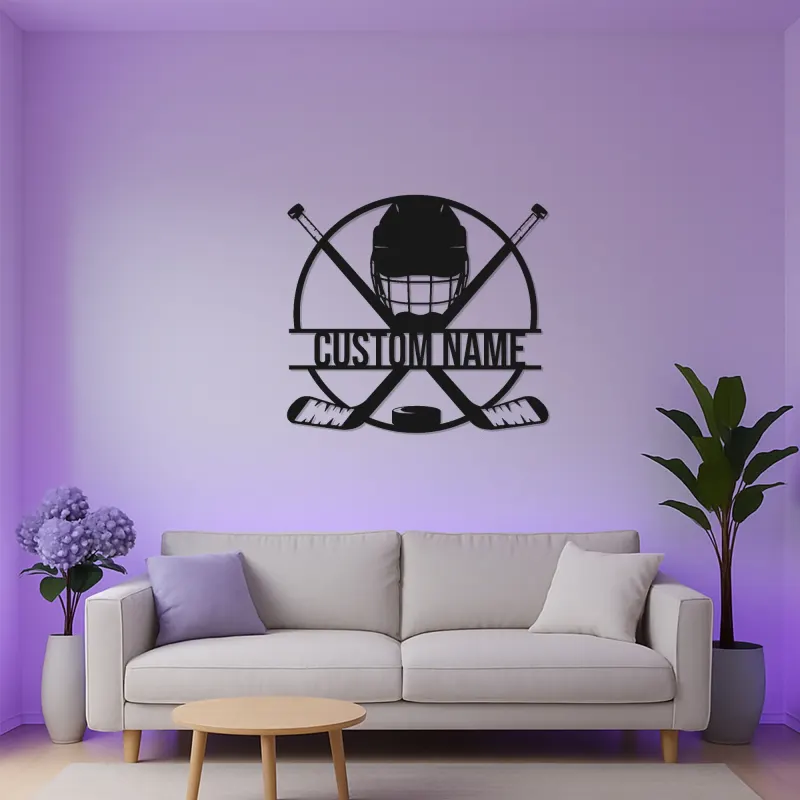 Cartel de metal personalizado de hockey | Luz LED con nombre para habitación infantil | Regalo para jugador de hockey | Decoración mural para cueva masculina