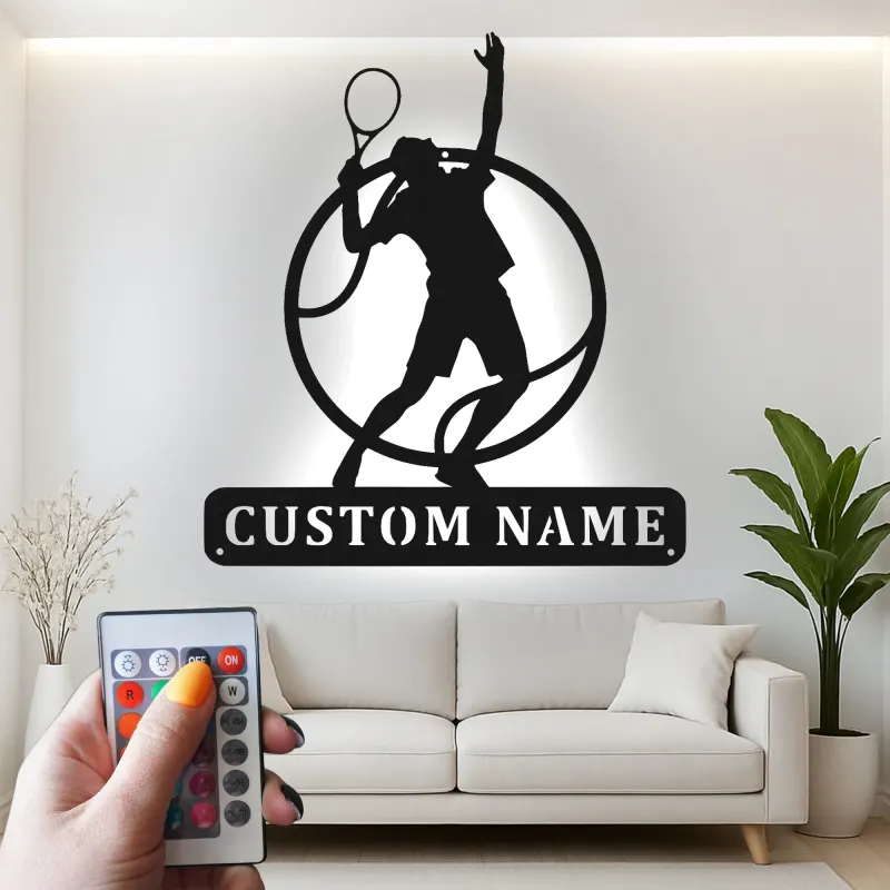 Arte murale in metallo per giocatore di tennis personalizzata | Insegna LED personalizzata per sala giochi | Regalo decorativo per atleta