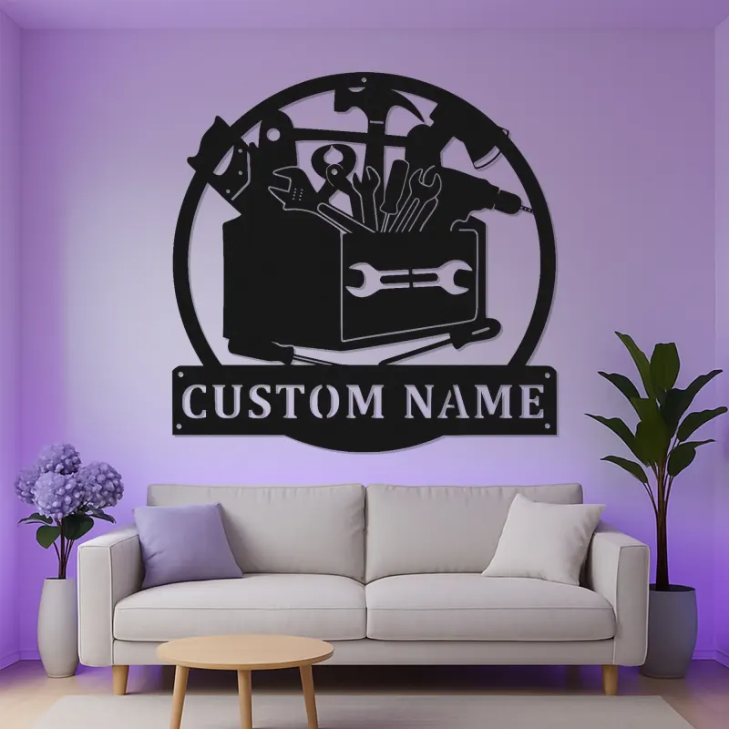 Insegna LED Toolbox Personalizzata | Arte Murale in Metallo Personalizzata | Decorazione per Laboratorio e Garage | Regalo per Falegname o Artigiano