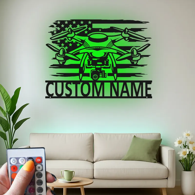 Custom Drone Led Light Metal Wall Art Personalized Gift for Drone Enthusiasts Man Cave or Office Decor