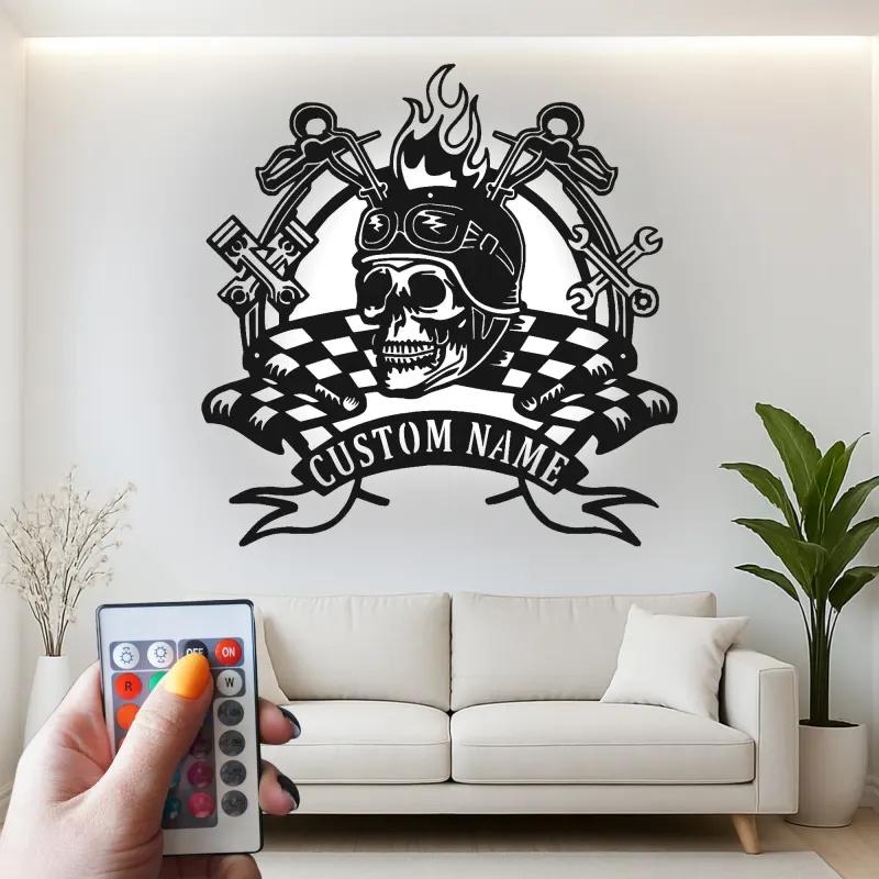 Custom Biker Skull LED Metal Sign | Personalized Motorcycle Wall Art | Garage & Man Cave Decor with Remote