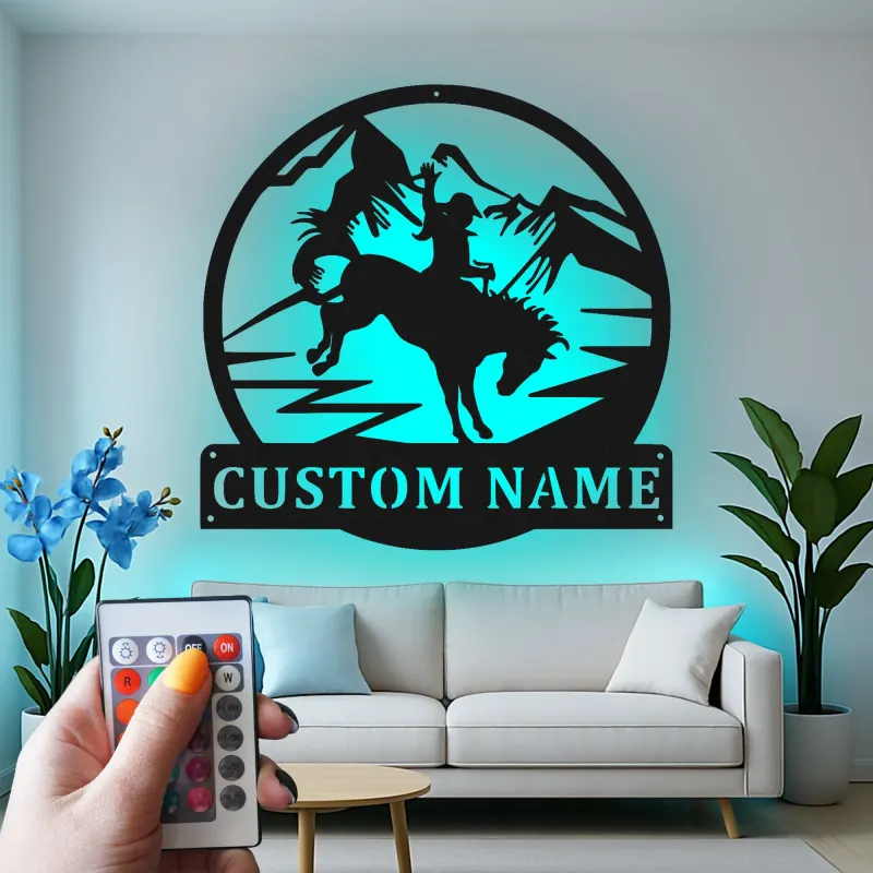 Arte murale in metallo Rodeo Cowboy | Insegna personalizzata con LED | Decorazioni rustiche western per ranch e casa