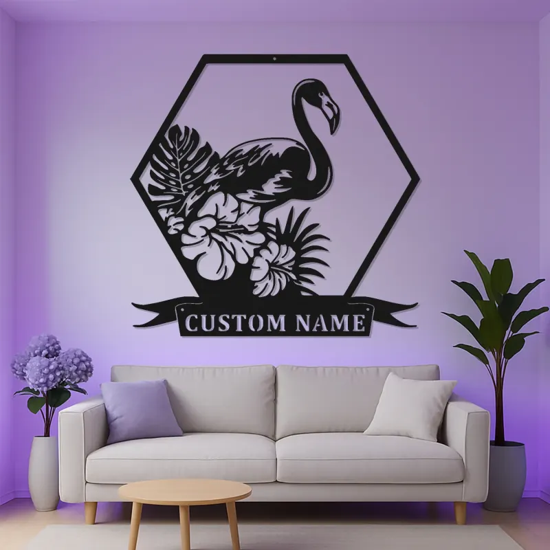 Panneau LED Flamant Rose | Art mural en métal personnalisé | Décor de maison de plage et de salon | Plaque de nom tropical personnalisée