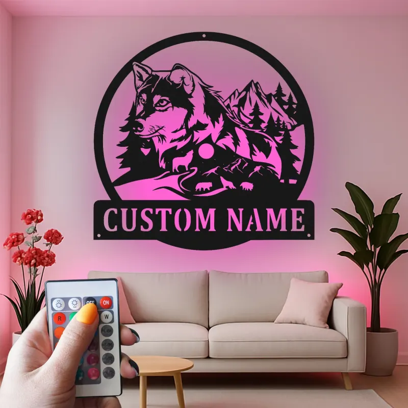 Custom Wolf Led Light Metal Wall Art Personalized Gift for Nature Lovers Rustic Cabin Decor
